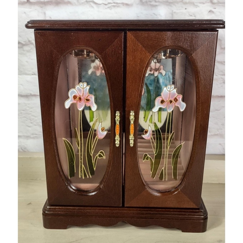 VTG Wooden Jewelry Box Glass Doors Ring Necklace Holders Iris Flowers